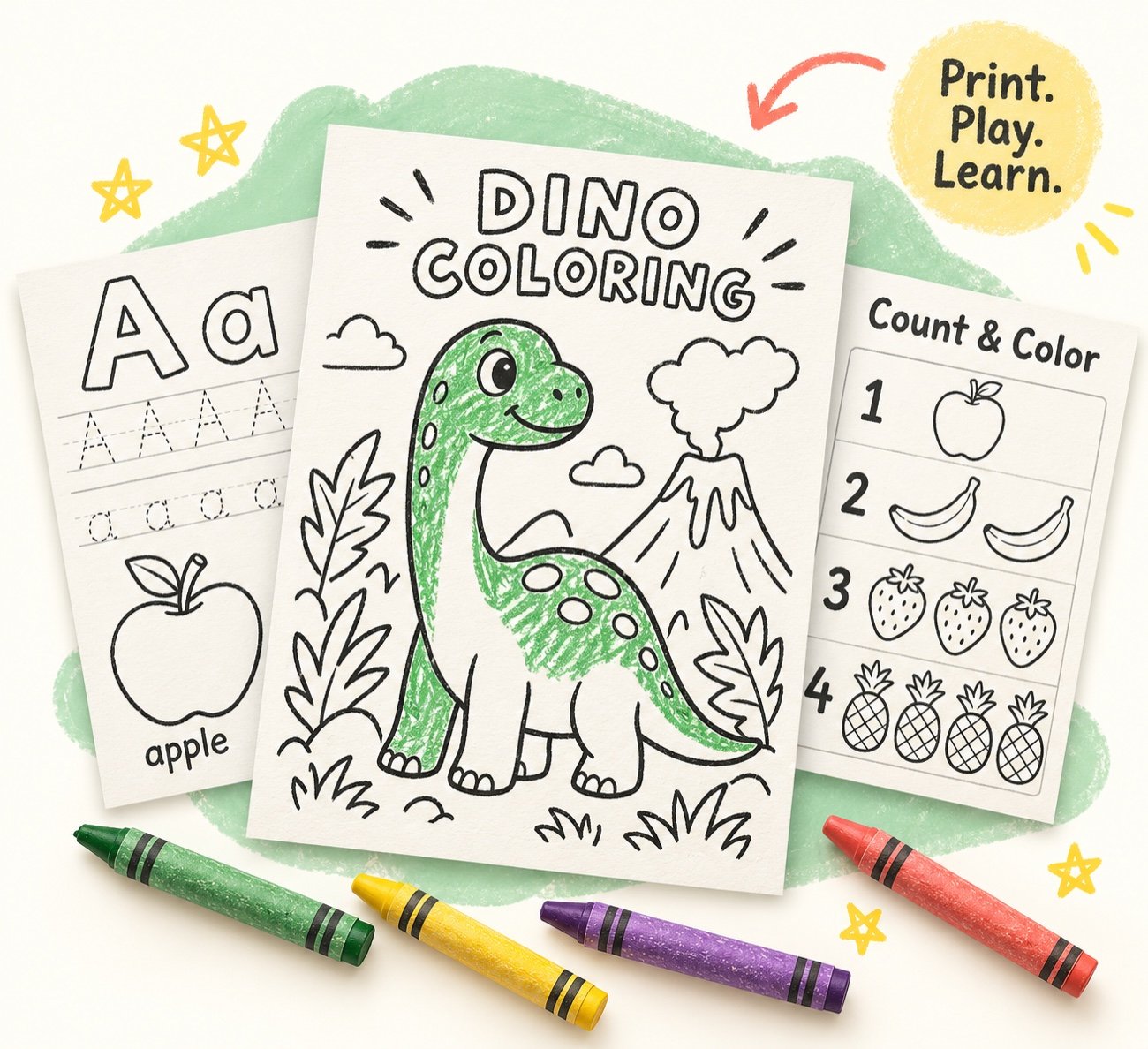 A partly colored dinosaur printable, alphabet tracing sheet, and fruit counting worksheet with colorful crayons.