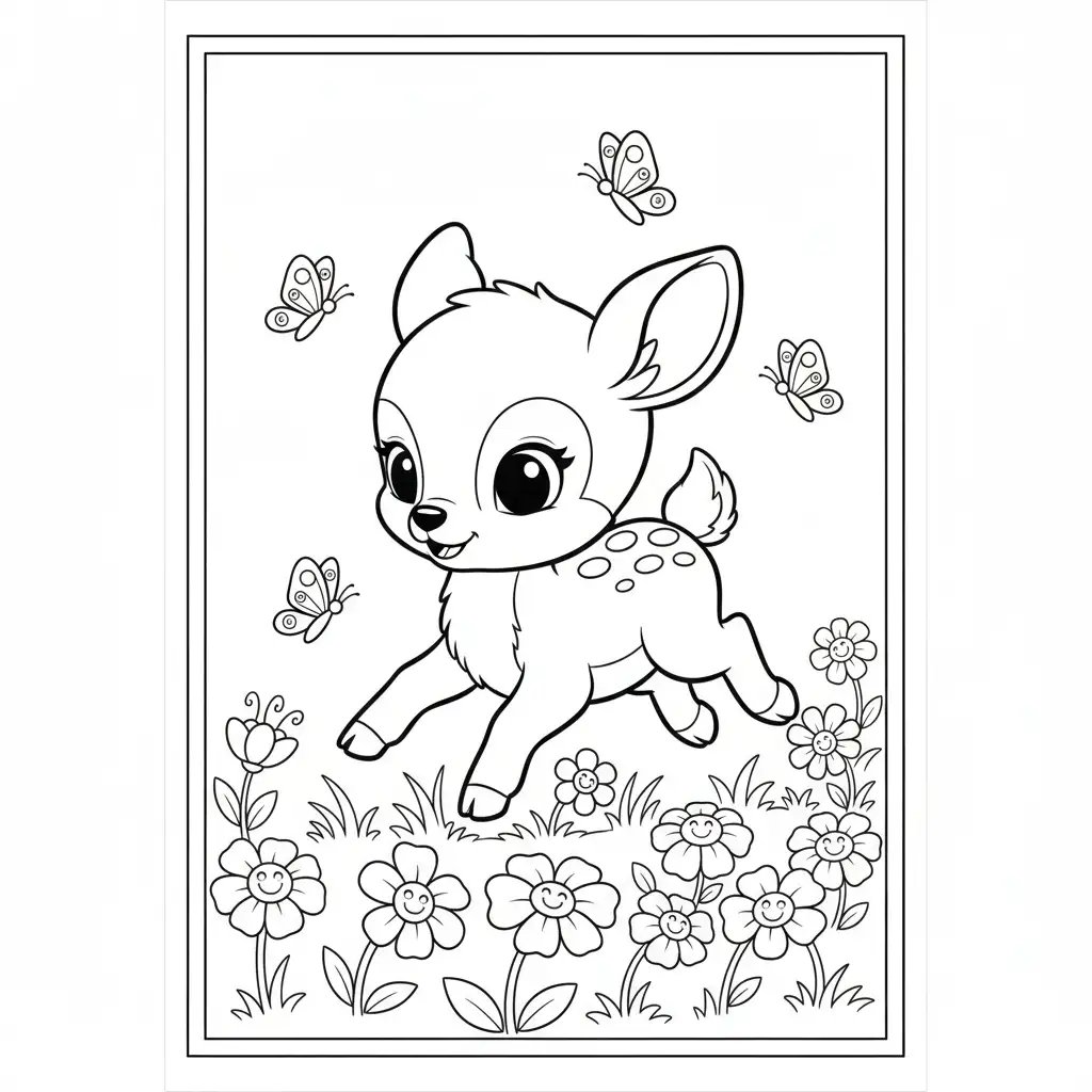 Adorable Baby Deer Running in a Flower Field with Butterflies Coloring Page for Kids